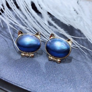 海水马贝珍珠耳钉强光炫彩深蓝玛贝耳饰 18K金猫耳朵包边工艺礼物