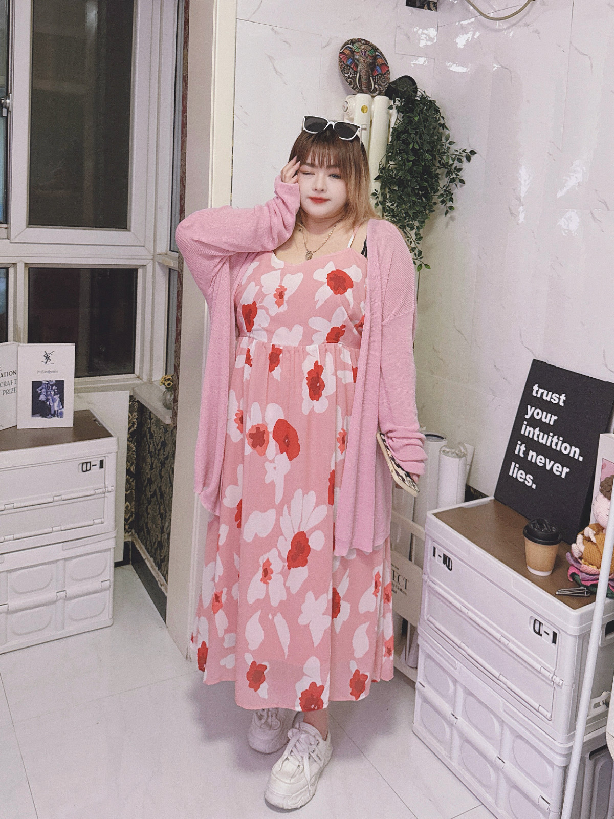 300斤甜美仙气飘飘连衣裙两件套大花裙子开衫hello胖妞特大码女装