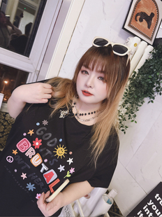 女装 500斤减龄春夏印花短袖 T恤潮流宽松遮肉显瘦hello胖妞特大码