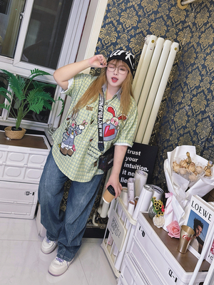 美式复古童趣格子衬衫特大码女装