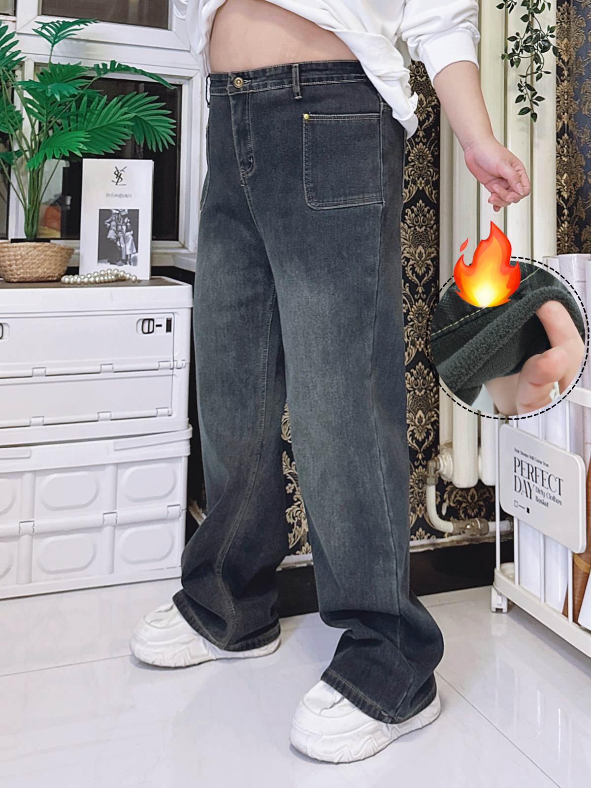 加厚抓绒东北抗风保暖牛仔裤大码