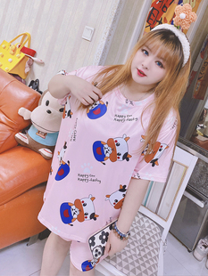 400斤舒适夏季家居服两件套装减龄显瘦卡通睡衣hello胖妞大码女装