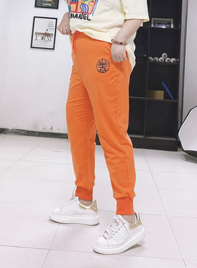 210斤夏季薄款靓丽橙色时髦休闲运动裤修身显瘦hello胖妞大码女装