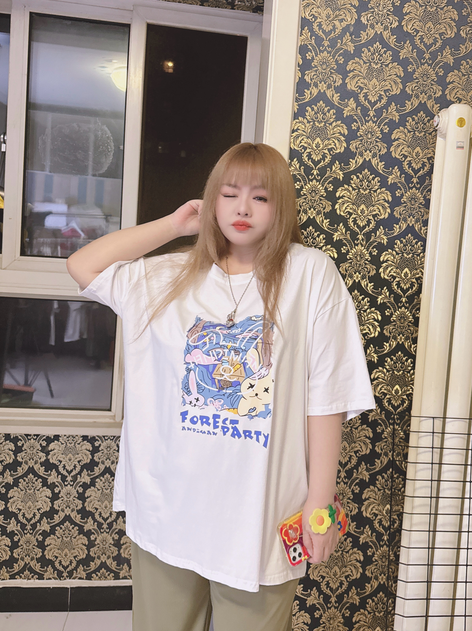 300斤短袖T恤hello胖妞卡通印花