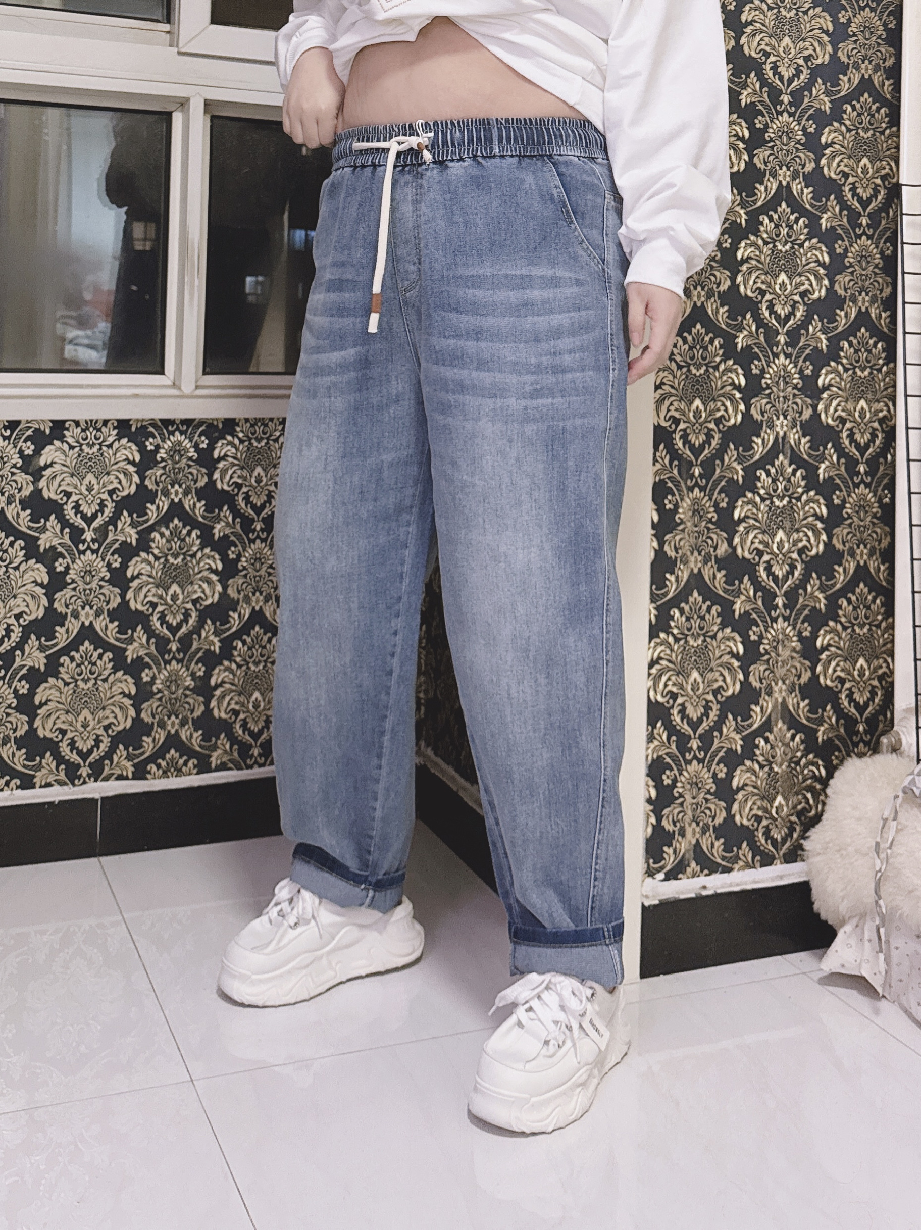 休闲牛仔裤哈伦老爹裤hello胖妞