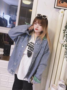 女装 260斤简约休闲薄款 撞色牛仔外套百搭牛仔衣hello胖妞mm特大码