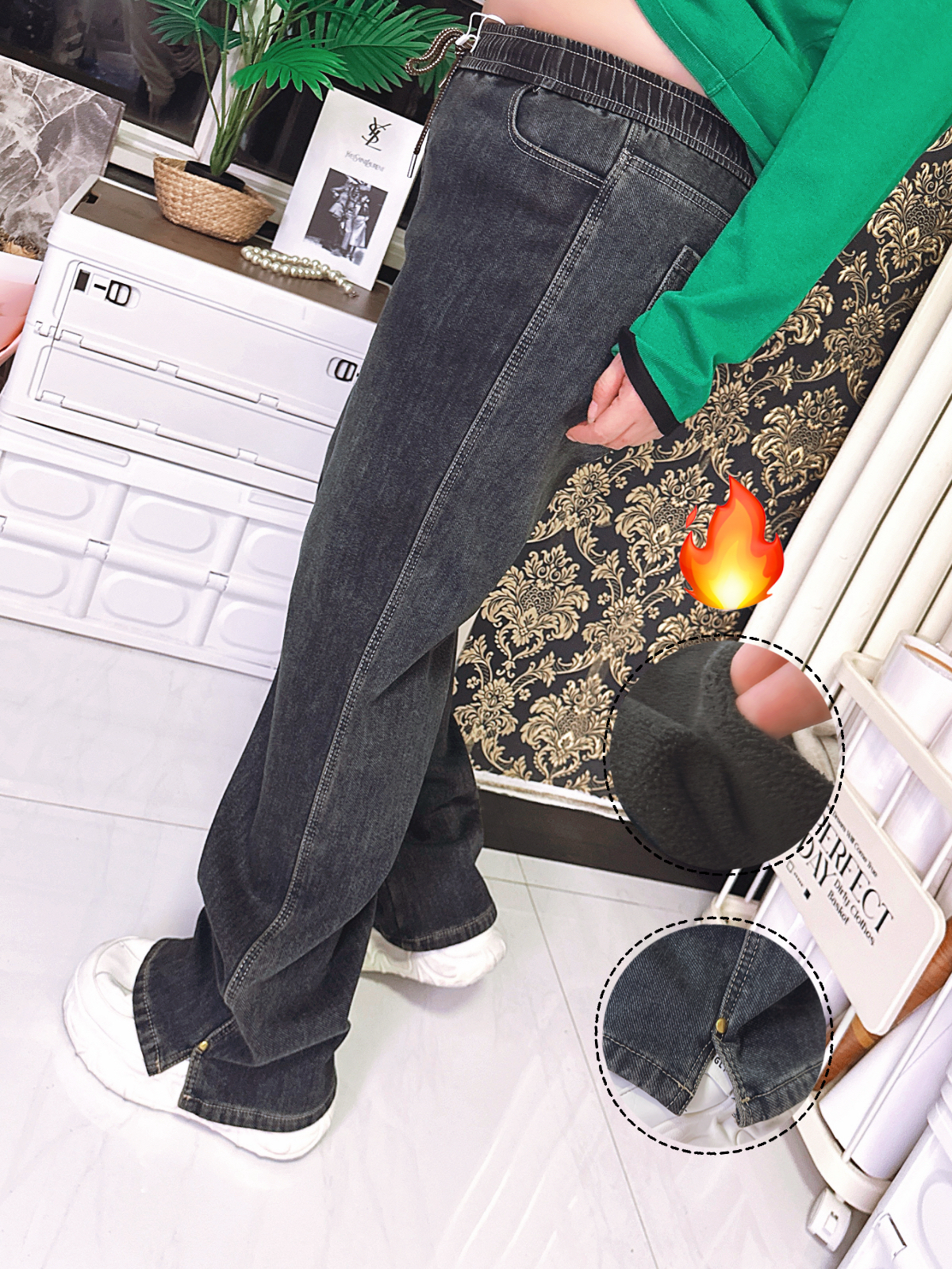 冬季加厚抓绒保暖直筒牛仔裤抗风