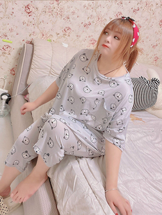 300斤春夏家居服卡通减龄7分裤睡衣两件套装hello胖妞特大码女装