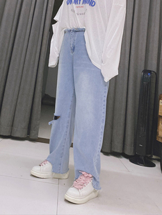 260斤洋气潮流切口宽腿牛仔裤减龄百搭时尚潮裤hello胖妞大码女装