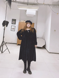 300斤闪片丝绒年会连衣裙气质方领显瘦小礼服裙hello胖妞大码女装