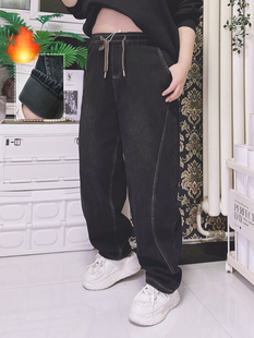 300斤简约百搭哈伦裤加绒保暖牛仔裤显瘦hello胖妞特大码女装胖mm