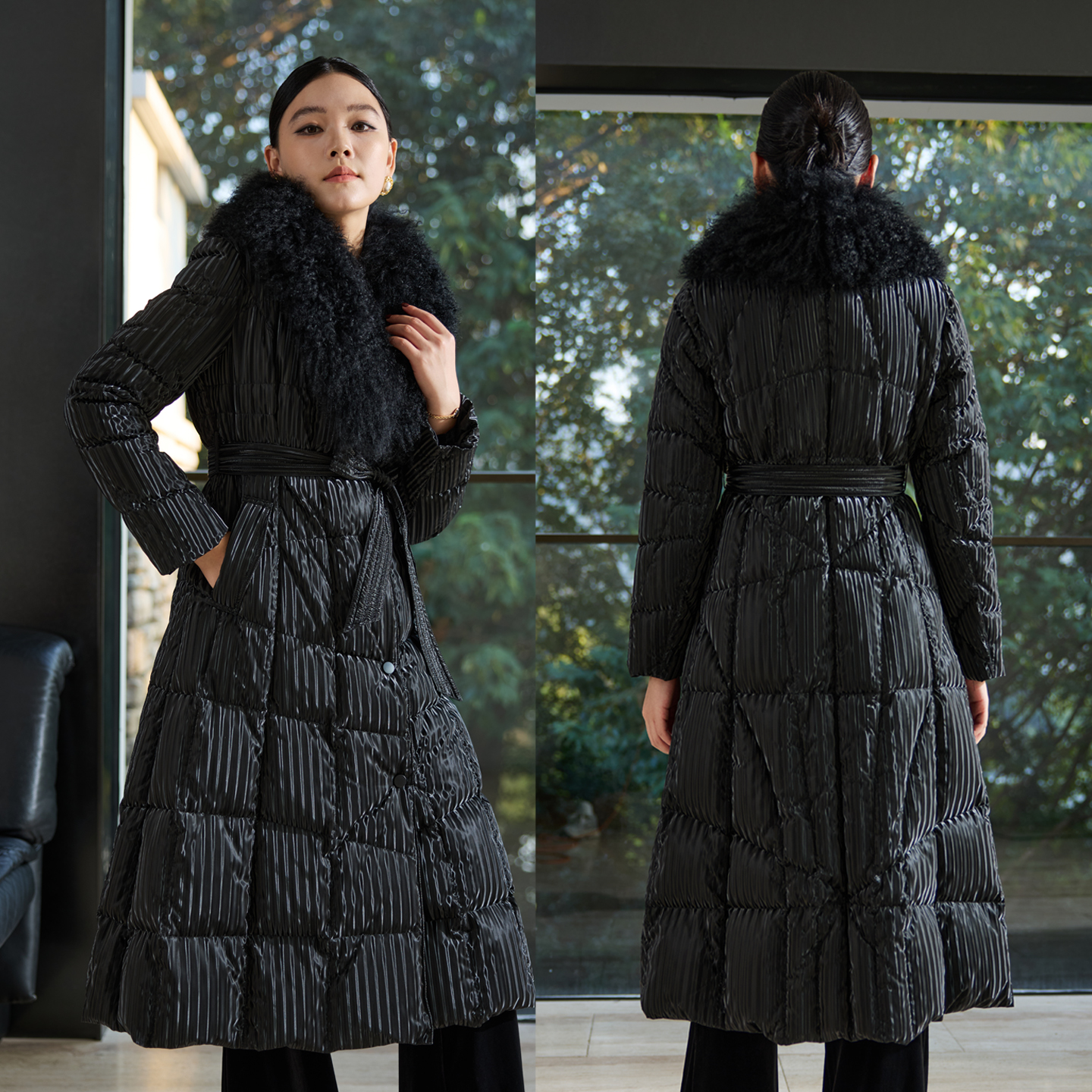 一又几木条纹大毛领羽绒服