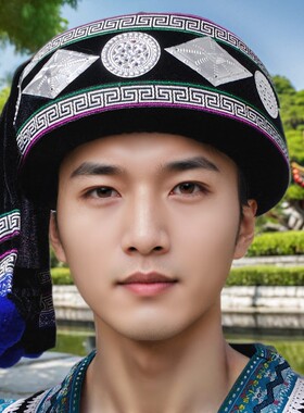 少数民族男帽哈尼族拉祜族土家族侗族菱形银饰黑色帽蓝毛球男帽子