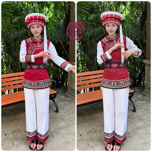 滇七彩2025新款酒红色白族女装绣花白族女套装上衣裤子围腰三件套