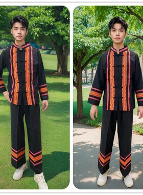 布依族长袖红边男套装