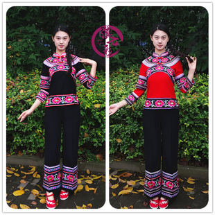 彝族服装双层袖左脚舞舞蹈演出服新款红色套装楚雄彝族服装女跳脚