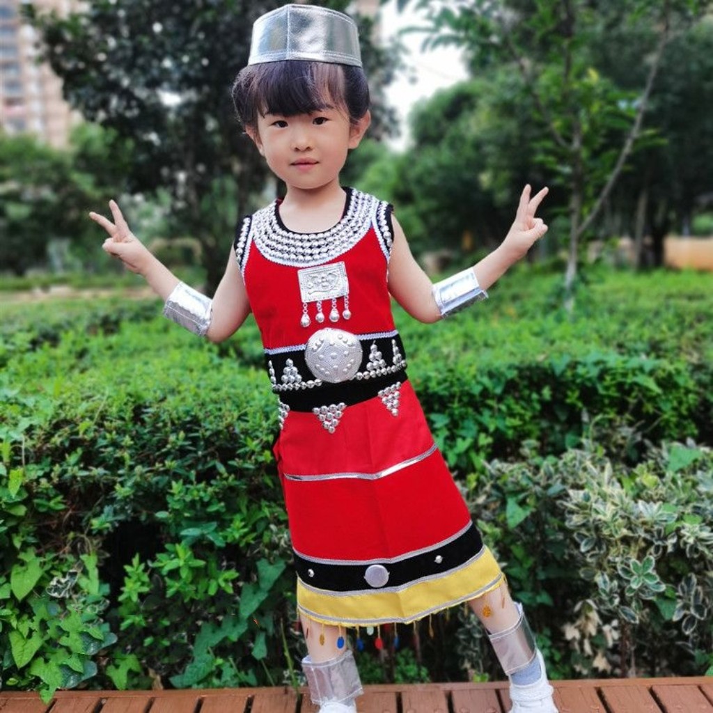 裹裙佤族女童装瓦族儿童演出服装裹裙佤族甩发舞女装送头饰脚套