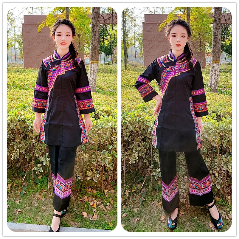 新款彝族绣花女装黑色中长衫裤子套装云南拉祜族服饰中长款民族服