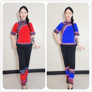 精品蚕丝面料卡条女套装土家族彝族舞蹈服饰短袖上衣长裤女装
