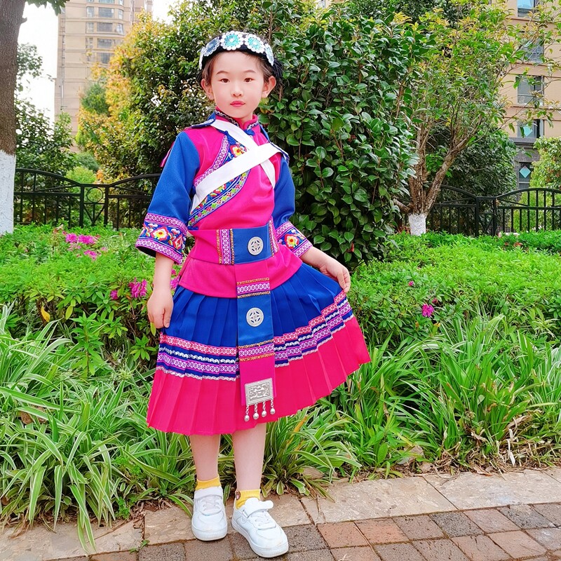 新款纳西族女童装云南丽江披星戴月民族服饰玫红色小纳西五件套