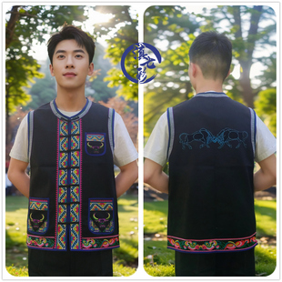 新花边白竖条牛头马甲粗棉布马夹黑帆布男女同款马褂彝族火把节