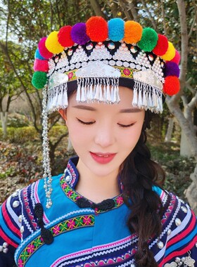 滇七彩2024毛球银饰女帽民族风