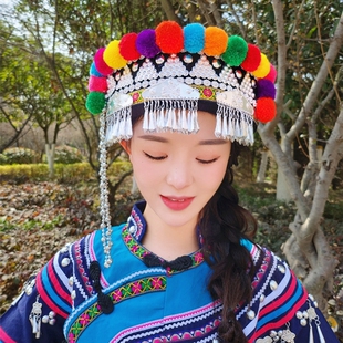 新款拉祜族头饰女帽手工毛球银饰少数民族服装帽子哈尼族十五吊帽