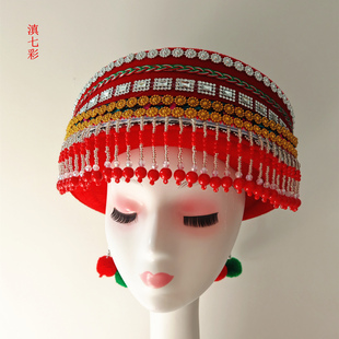 新款傈僳族女帽大红色珠珠四个毛球女帽吊圆片十字绣四个毛球女帽