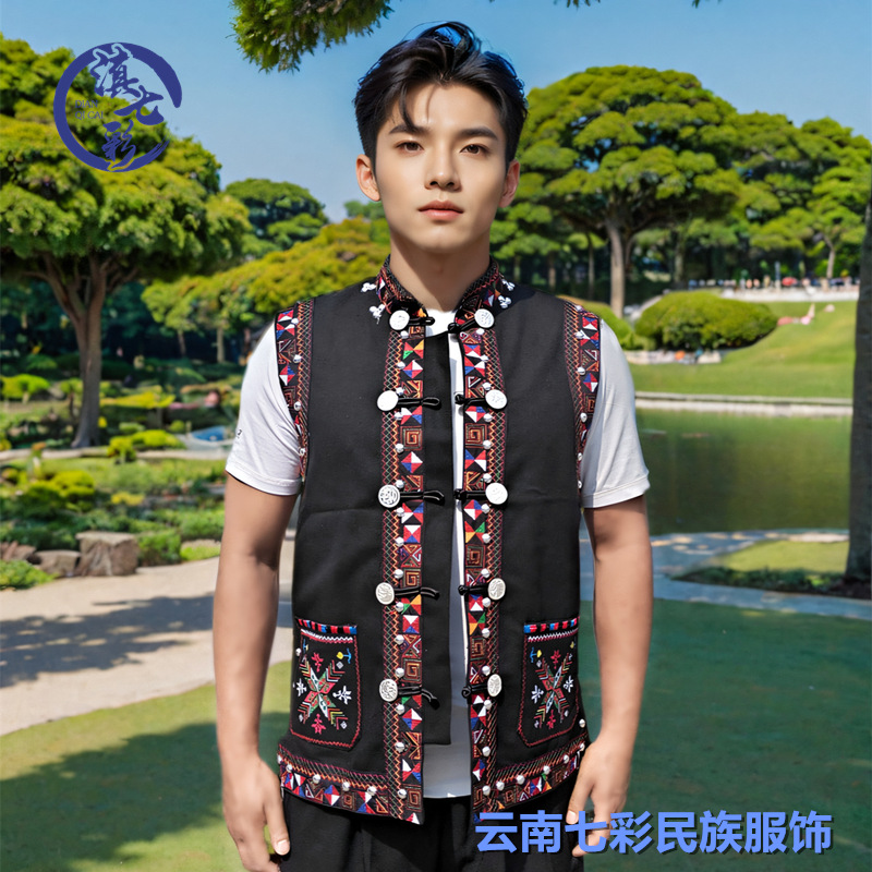 薄款黑帆布佤族男哈尼族男马甲
