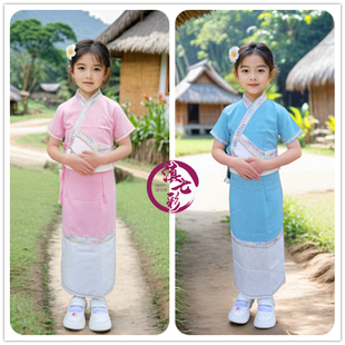 2025新款云南西双版纳傣族女童套装泼水节服装棉麻拼接洋气傣族服