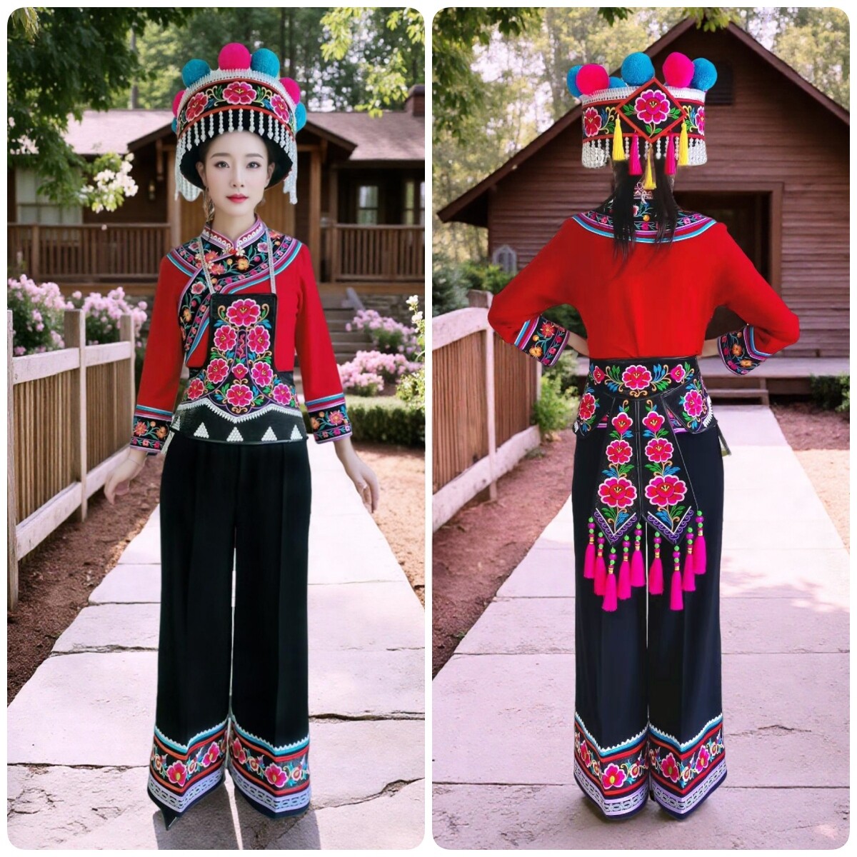 新款绣花彝族左脚舞女装小梅花大裤脚女套装楚雄彝族跳脚舞服刺绣图片
