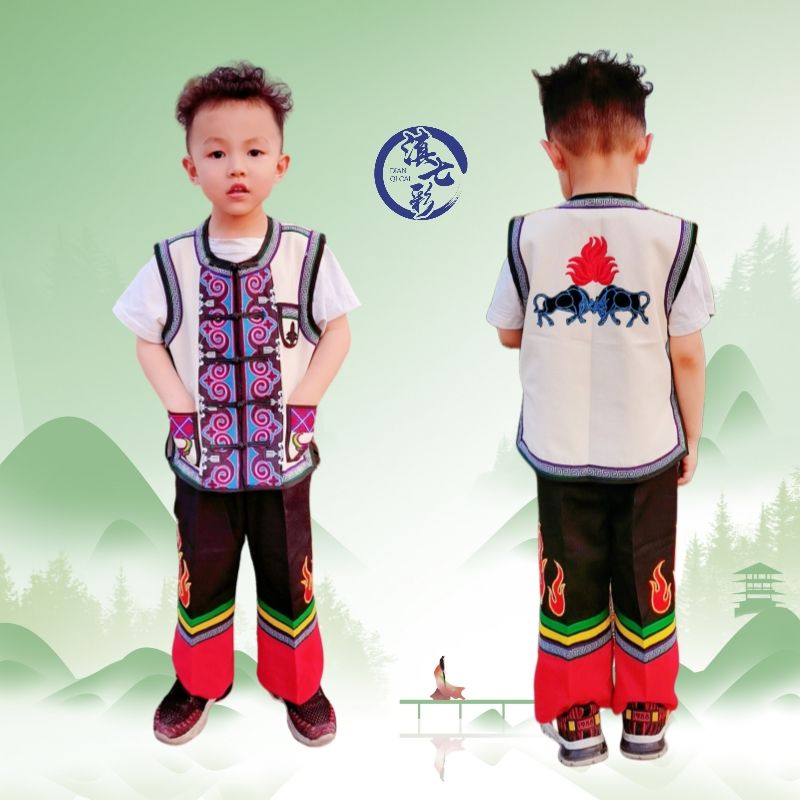 民族特色彝族男童套装 小竖条牛头马夹帆布马甲 十字绣马褂火把裤