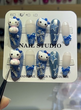 纯手工穿戴甲片高级感粉色kitt猫美甲彩色五角星法式显白长款指甲