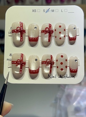 纯手工穿戴甲猫眼过年款红色