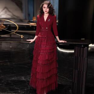 欧洲站2025年新款高级感西装外套拼接连衣裙喜庆网纱气质蛋糕长裙