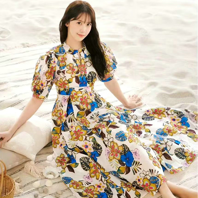 明星林允儿同款碎花连衣裙2023夏法式名媛高级感泡泡袖翻领长裙女