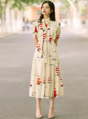 明星同款a字裙仿麻印花系带礼服