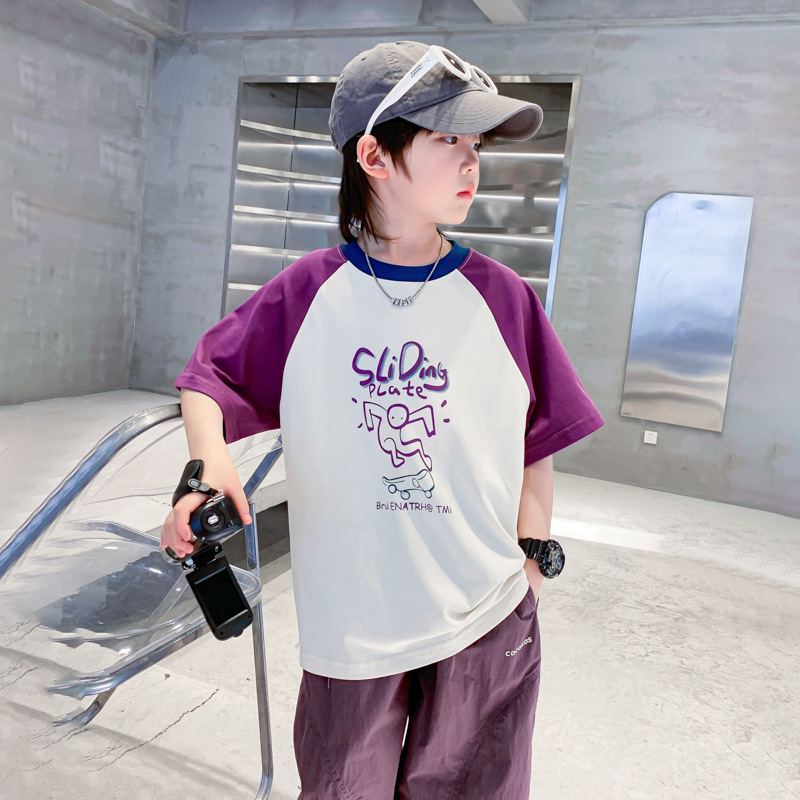 潮牌儿童撞色纯棉短袖T恤夏季新款2025宽松中大童半袖男童五分袖