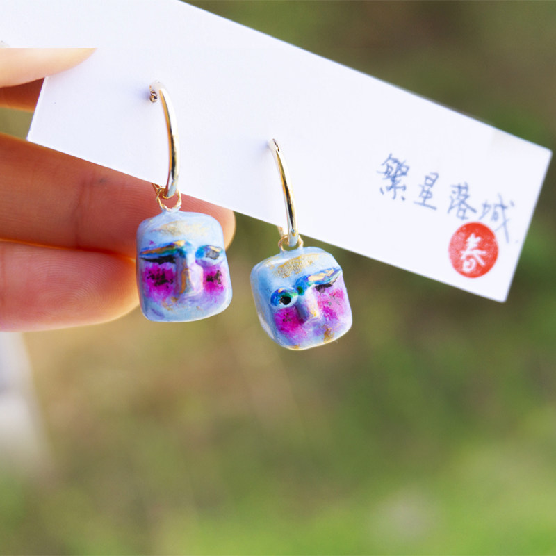 原创手工制作粉蓝方块丸子耳坠金色耳环手绘百搭小众气质闺蜜礼物