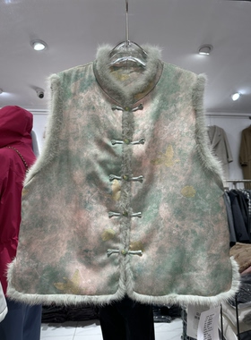 2025秋冬新款休闲加棉25937新中式国风提花女马甲坎肩真貂毛拼接