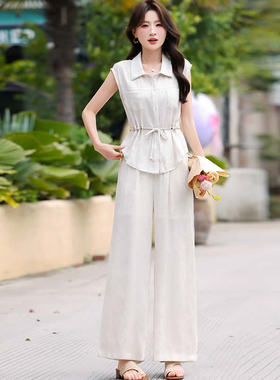 2026夏季新款时尚套装女气质显瘦衬衣高腰阔腿裤两件套裤KX6235