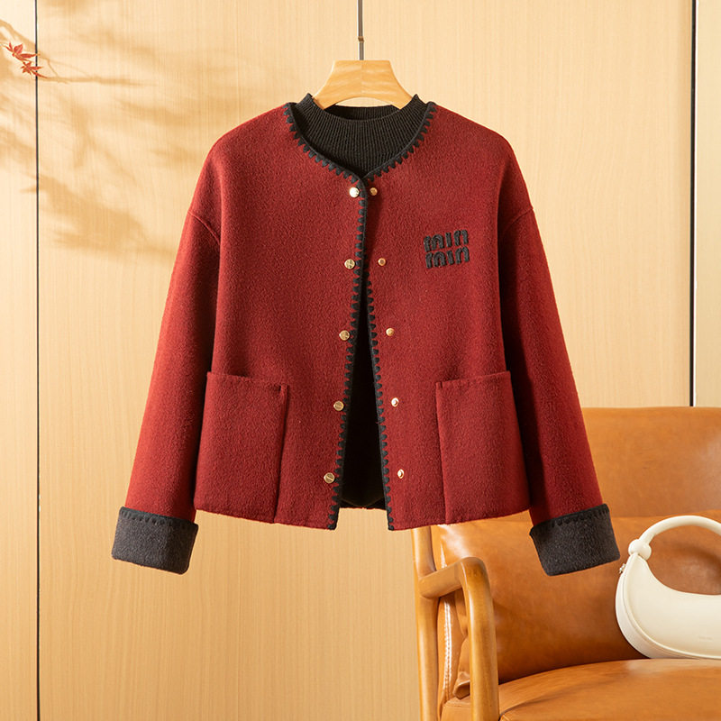 小香风撞色锁边双面羊绒大衣女短款2025秋冬新款字母羊毛呢子外套