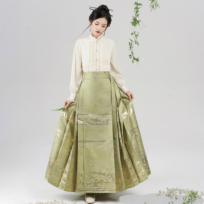 原创鹤鹿同春中国风改良汉元素女长款厚款马面裙上衣套装