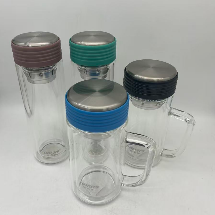 哈尔斯双层玻璃水杯304钢滤网泡茶杯车载水杯大容量办公玻璃杯