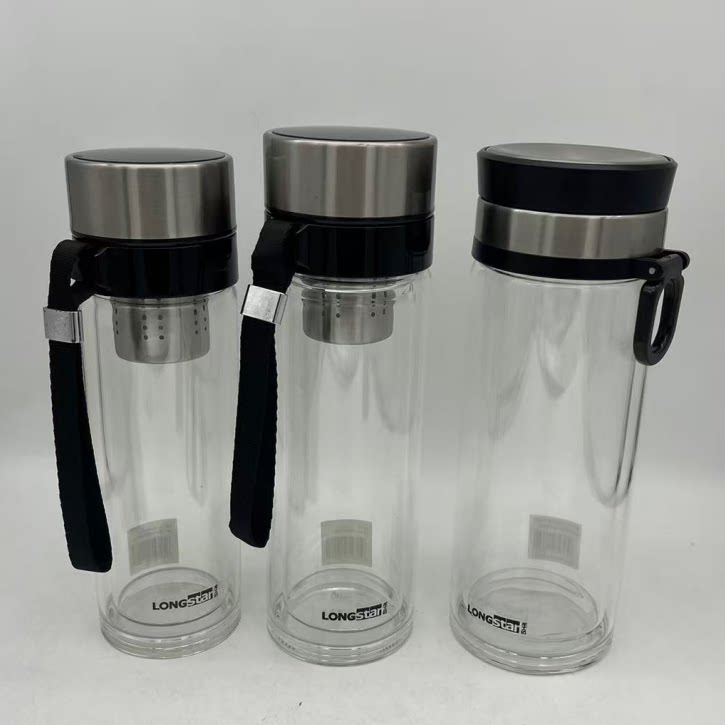 龙士达大容量商务玻璃杯车载水杯带拎手茶杯双层玻璃杯480mL