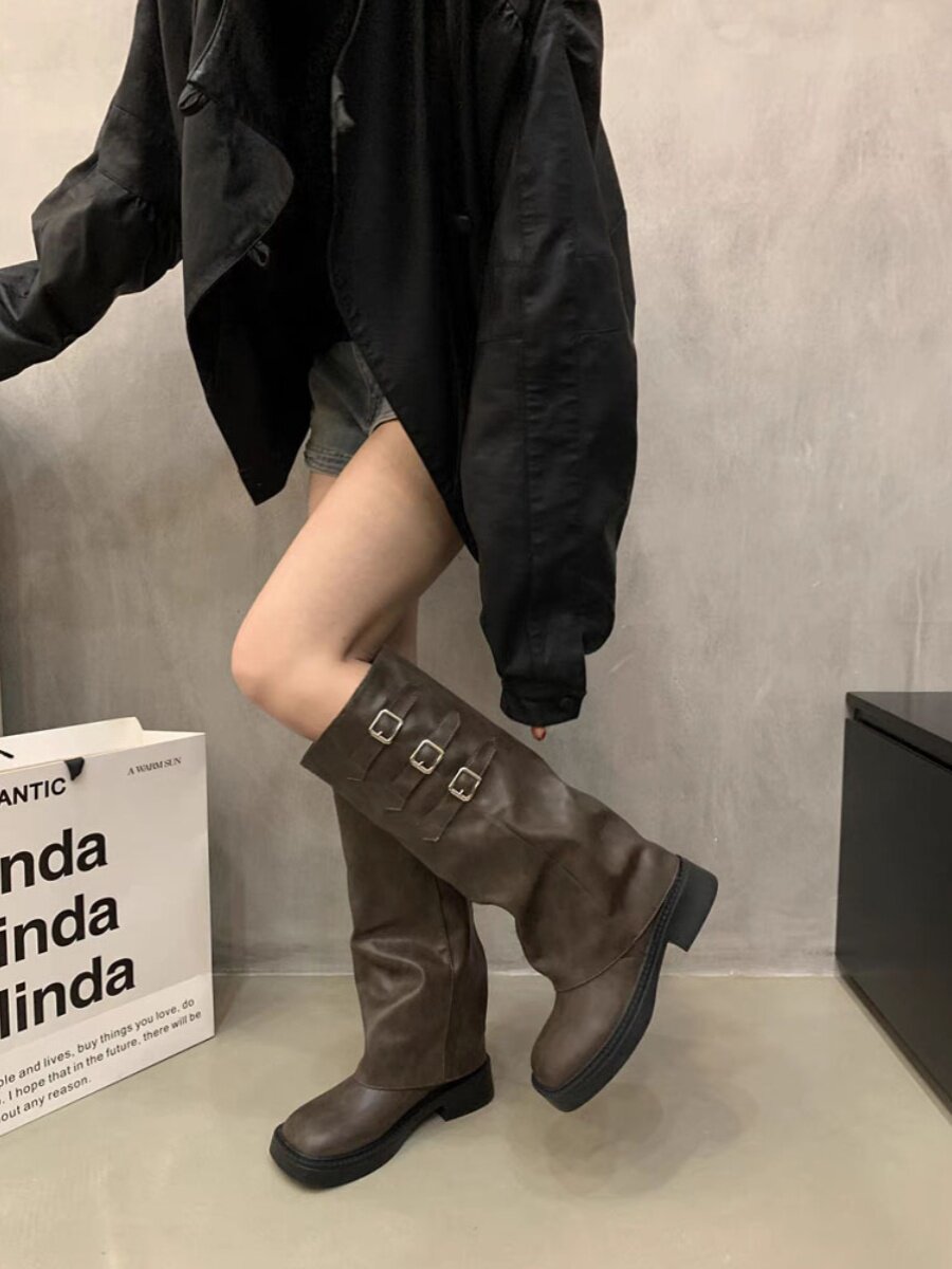 두꺼운 밑창 복고풍 바지 긴 기사 부츠 여성 신발 2024 새로운 가을 겨울 갈색 파일 부츠 중반 종아리 롱 부츠