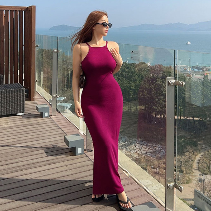 韩国正品hypnotic夏季性感露背挂脖海边度假沙滩长裙女修身连衣裙