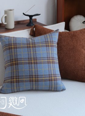 普鲁士蓝抱枕中古风靠枕复古法式美式格子靠包客厅沙发美拉德靠垫