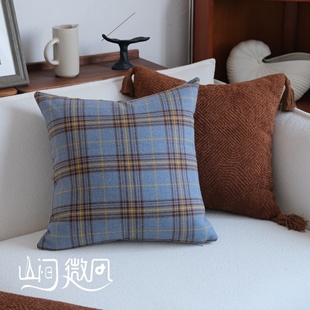 普鲁士蓝抱枕中古风靠枕复古法式美式格子靠包客厅沙发美拉德靠垫