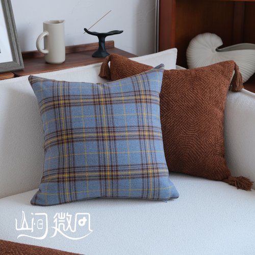 普鲁士蓝抱枕中古风靠枕复古法式美式格子靠包客厅沙发美拉德靠垫